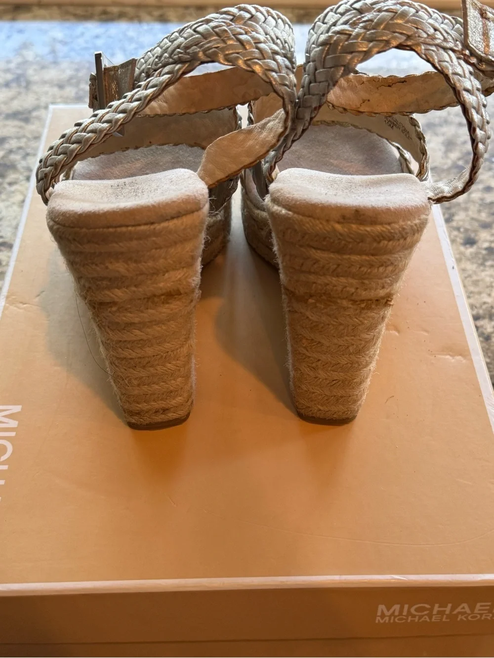 Michael Kors Metallic Silver Braided Espadrille Wedge Sandals